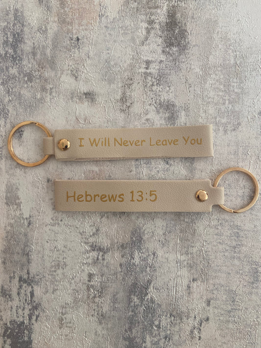 Beige Faux Leather Wristlet Gold Keychain - I Will Never Leave You Hebrews 13:5