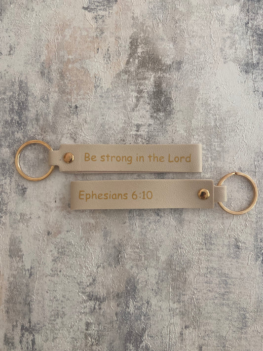 Beige Faux Leather Wristlet Gold Keychain - Be Strong In The Lord Ephesians 6:10