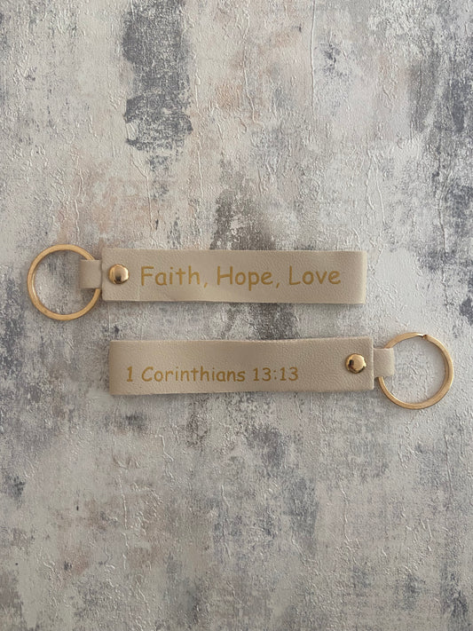 Beige Faux Leather Wristlet Gold Keychain - Faith, Hope, Love 1 Corinthians 13:13