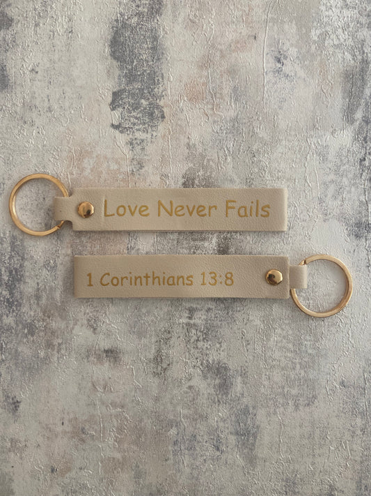 Beige Faux Leather Wristlet Gold Keychain -Love Never Fails 1 Corinthians 13:8