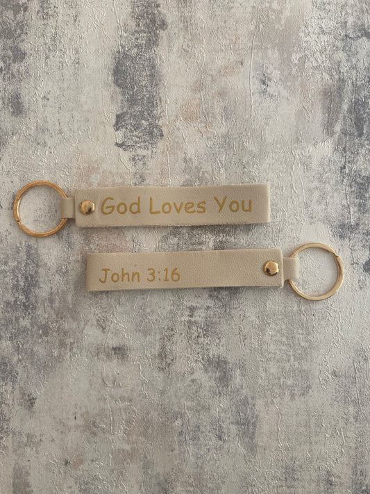 Beige Faux Leather Wristlet Gold Keychain -God Loves You John 3:16