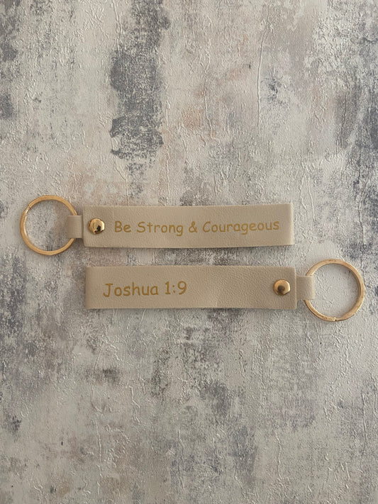 Beige Faux Leather Wristlet Gold Keychain - Be Strong & Courageous Joshua 1:9