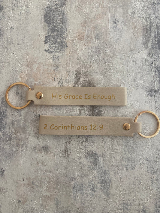 Beige Faux Leather Wristlet Gold Keychain - His Grace Is Enough 2 Corinthians 12:9