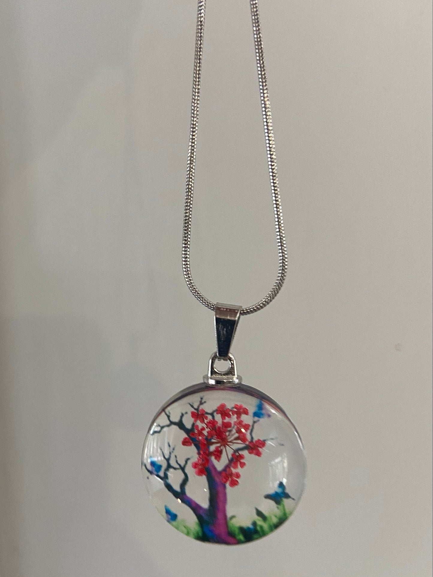Star Dried Flower Transparent Glass Silver 2.5cm Round Pendant (60cm chain) 5 Variations