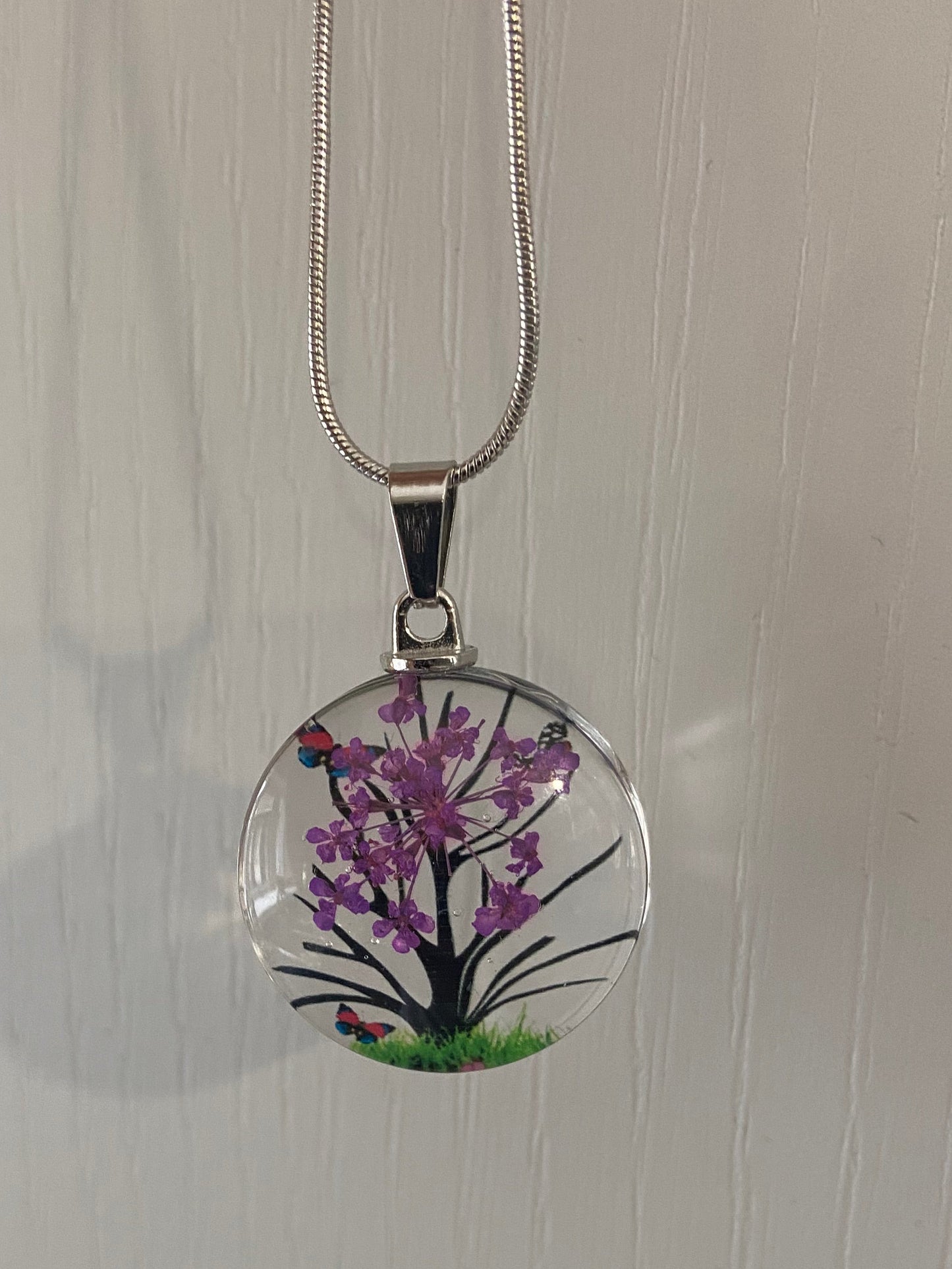 Star Dried Flower Transparent Glass Silver 2.5cm Round Pendant (60cm chain) 5 Variations