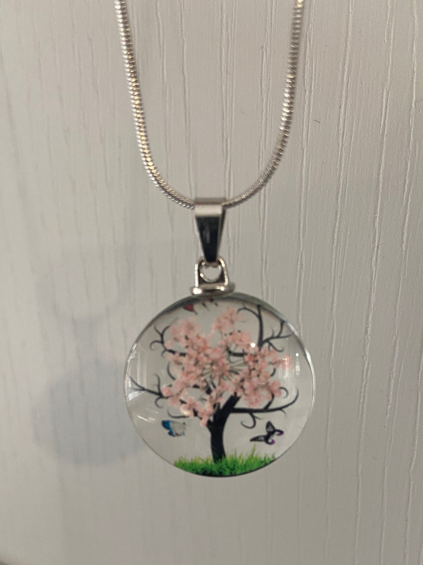 Star Dried Flower Transparent Glass Silver 2.5cm Round Pendant (60cm chain) 5 Variations