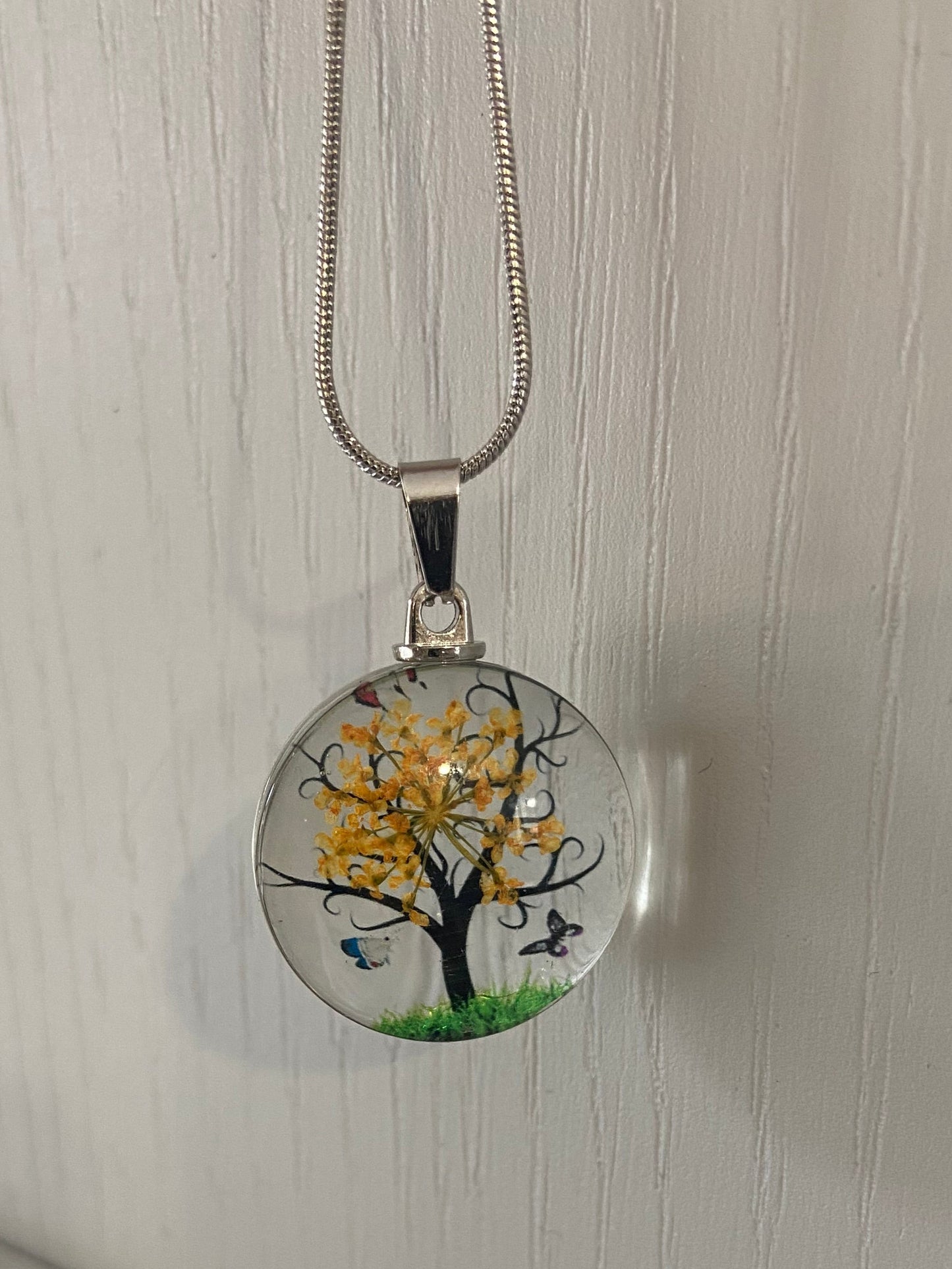 Star Dried Flower Transparent Glass Silver 2.5cm Round Pendant (60cm chain) 5 Variations