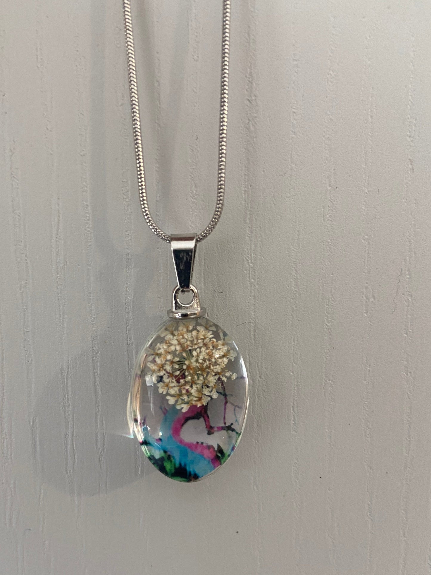 Star Dried Flower Transparent Glass Silver 2.5x1.8cm Oval Pendant (60cm chain) 4 Variations