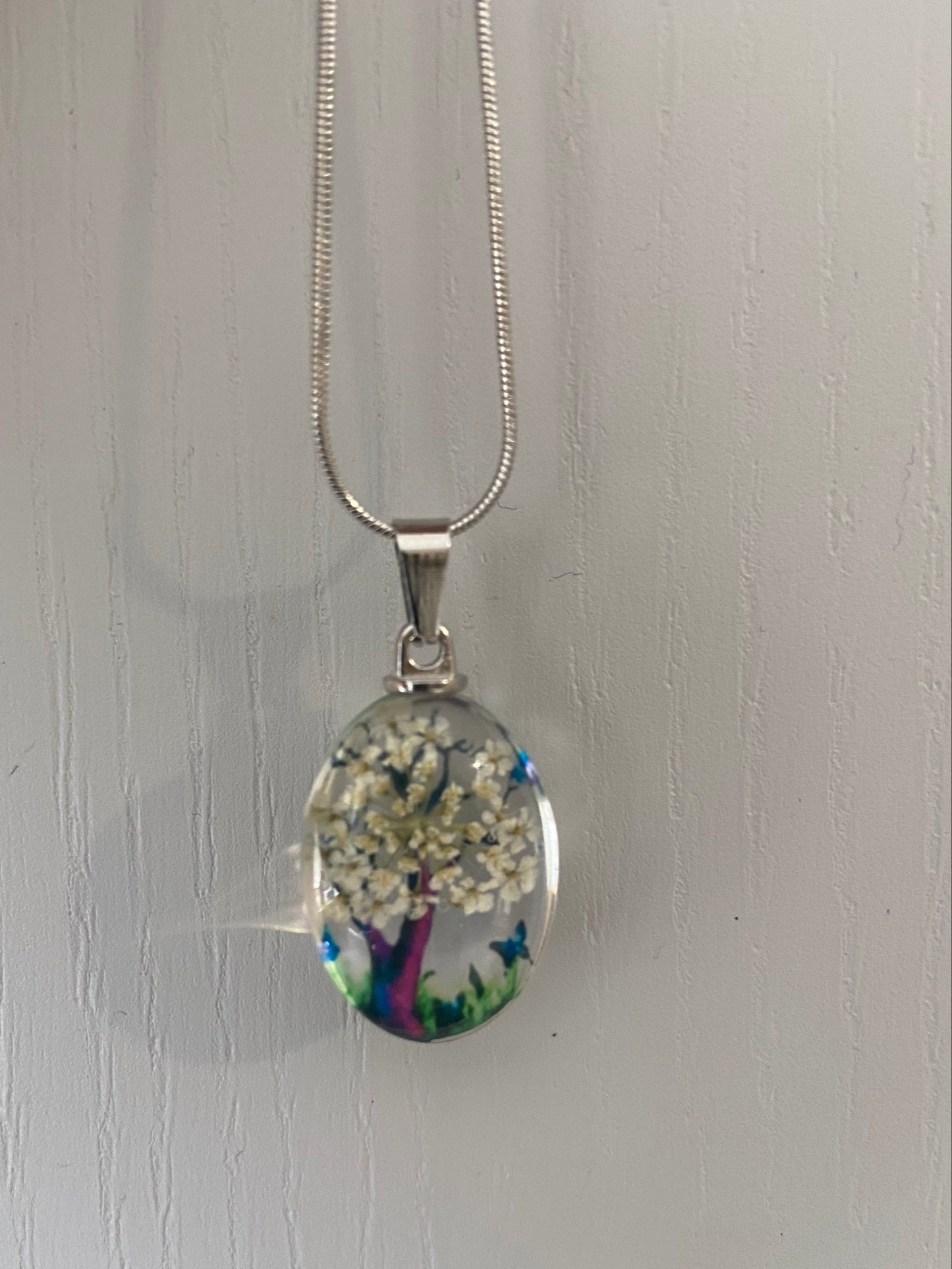 Star Dried Flower Transparent Glass Silver 2.5x1.8cm Oval Pendant (60cm chain) 4 Variations