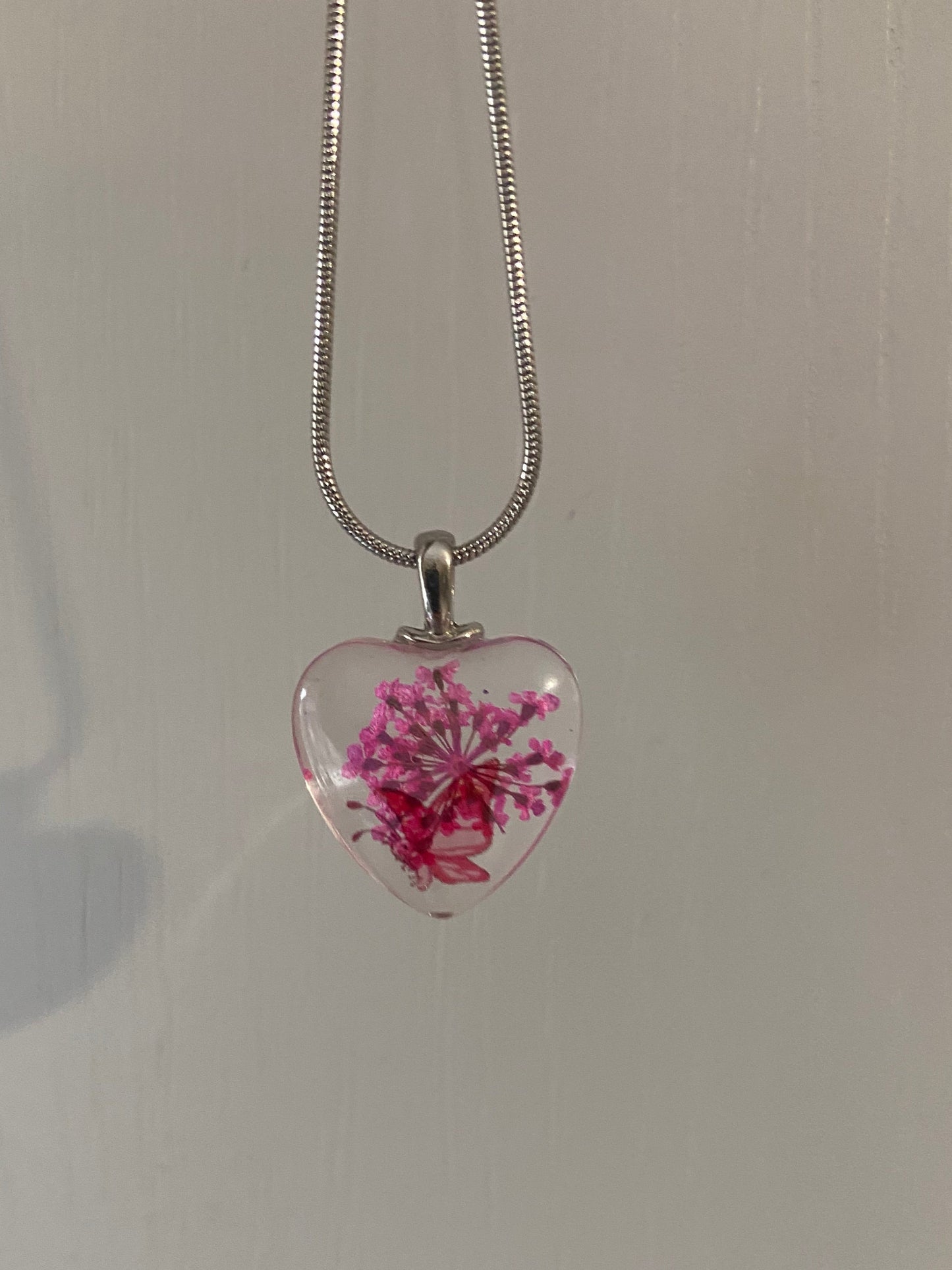 Star Dried Flower Transparent Glass Silver 2x2cm Heart Pendant (60cm chain) 10 Variations