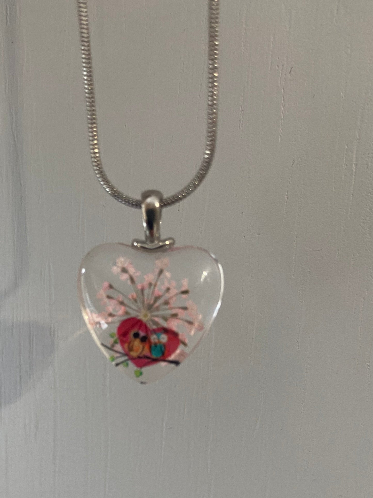 Star Dried Flower Transparent Glass Silver 2x2cm Heart Pendant (60cm chain) 10 Variations