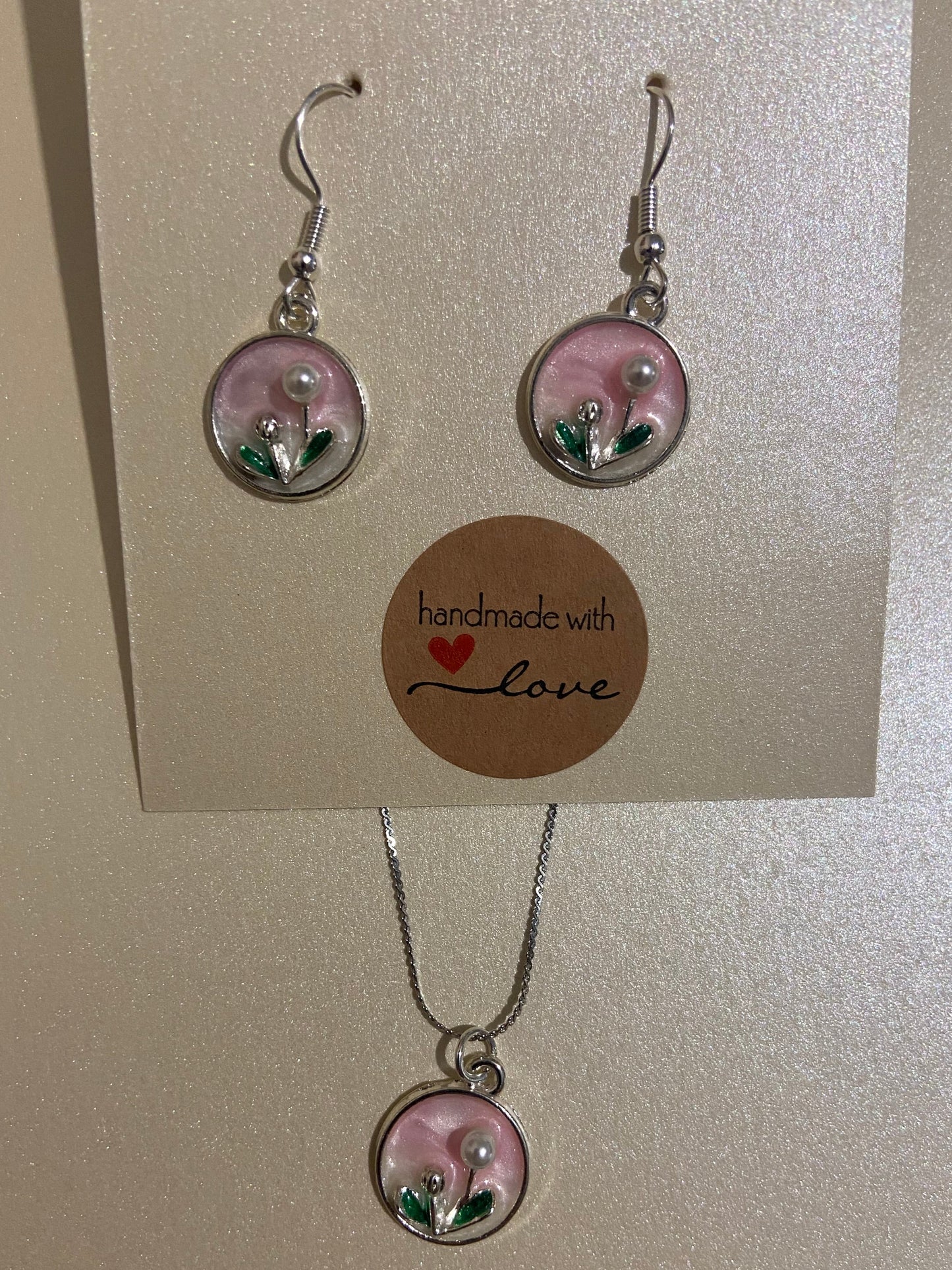 Pearl Flower Pearlescent Dangle Silver Earrings & Necklace Set