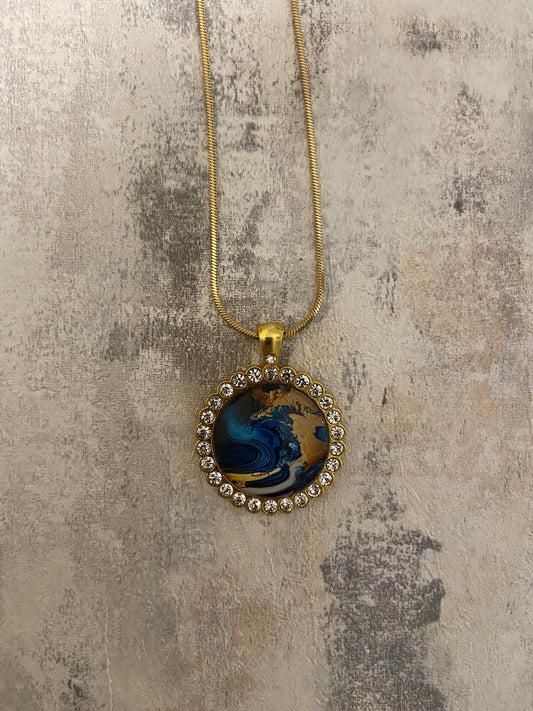 Dazzling & beautiful large blue/gold liquid art pendant 3x3cm Pendant (60cm chain)