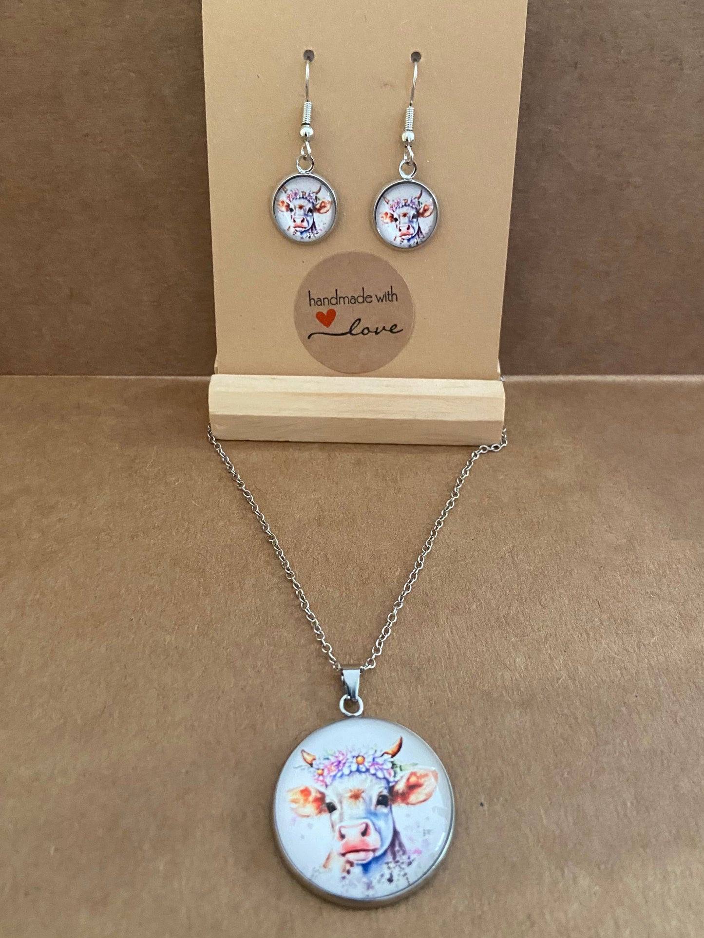 Floral Cow Silver earring & necklace set (60cm chain)