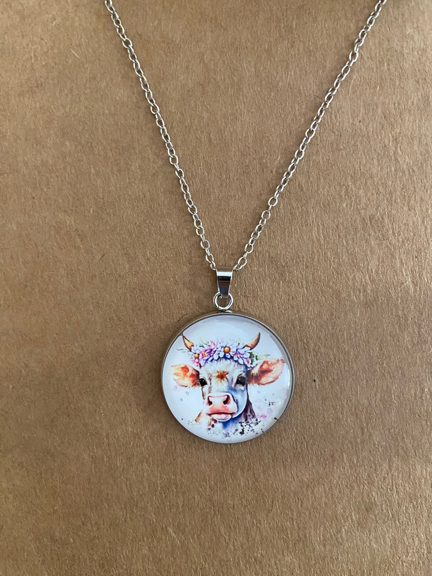 Floral Cow Silver earring & necklace set (60cm chain)