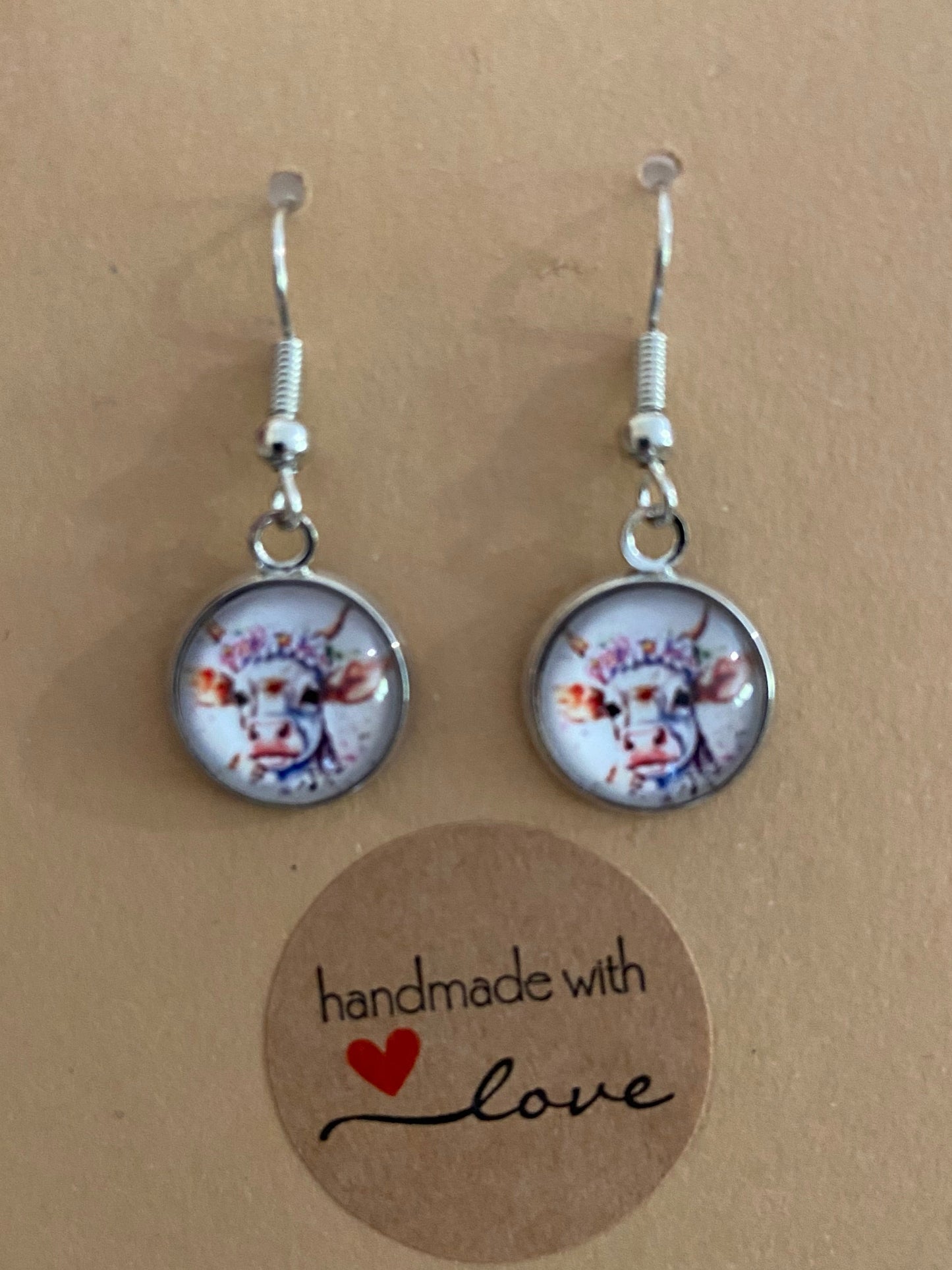 Floral Cow Silver earring & necklace set (60cm chain)
