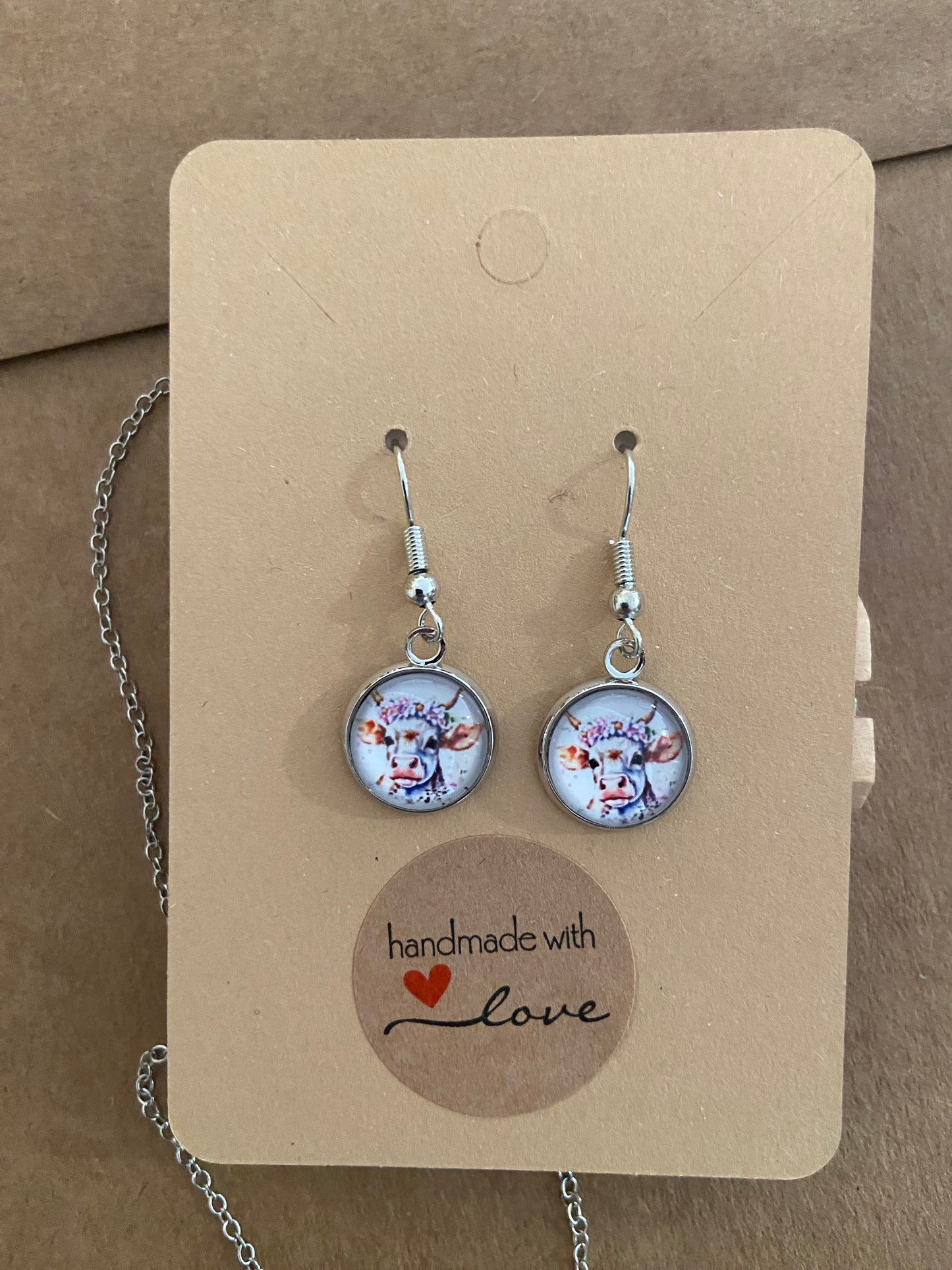 Floral Cow Silver earring & necklace set (60cm chain)
