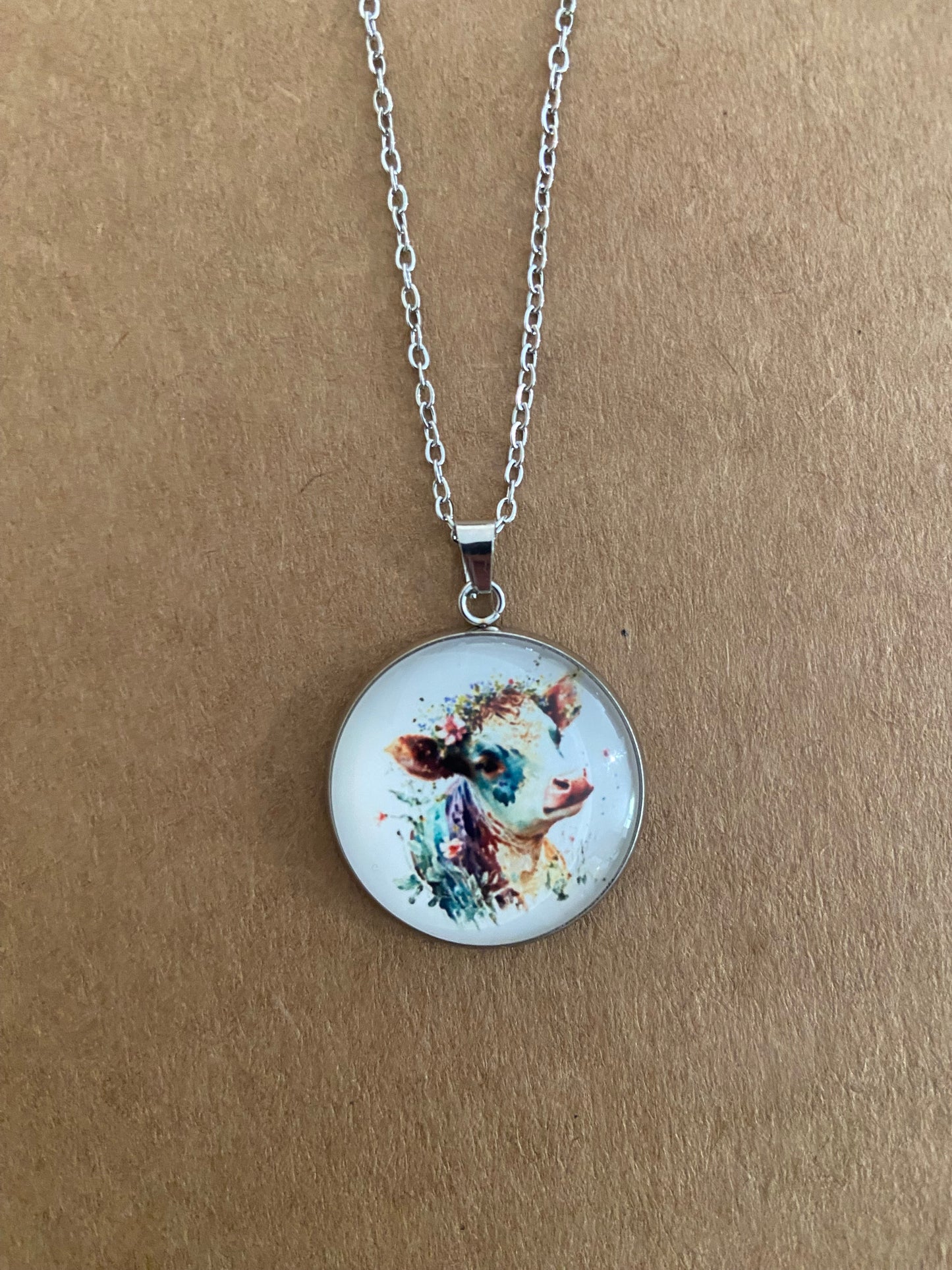 Floral Cow Silver earring & necklace set (60cm chain)