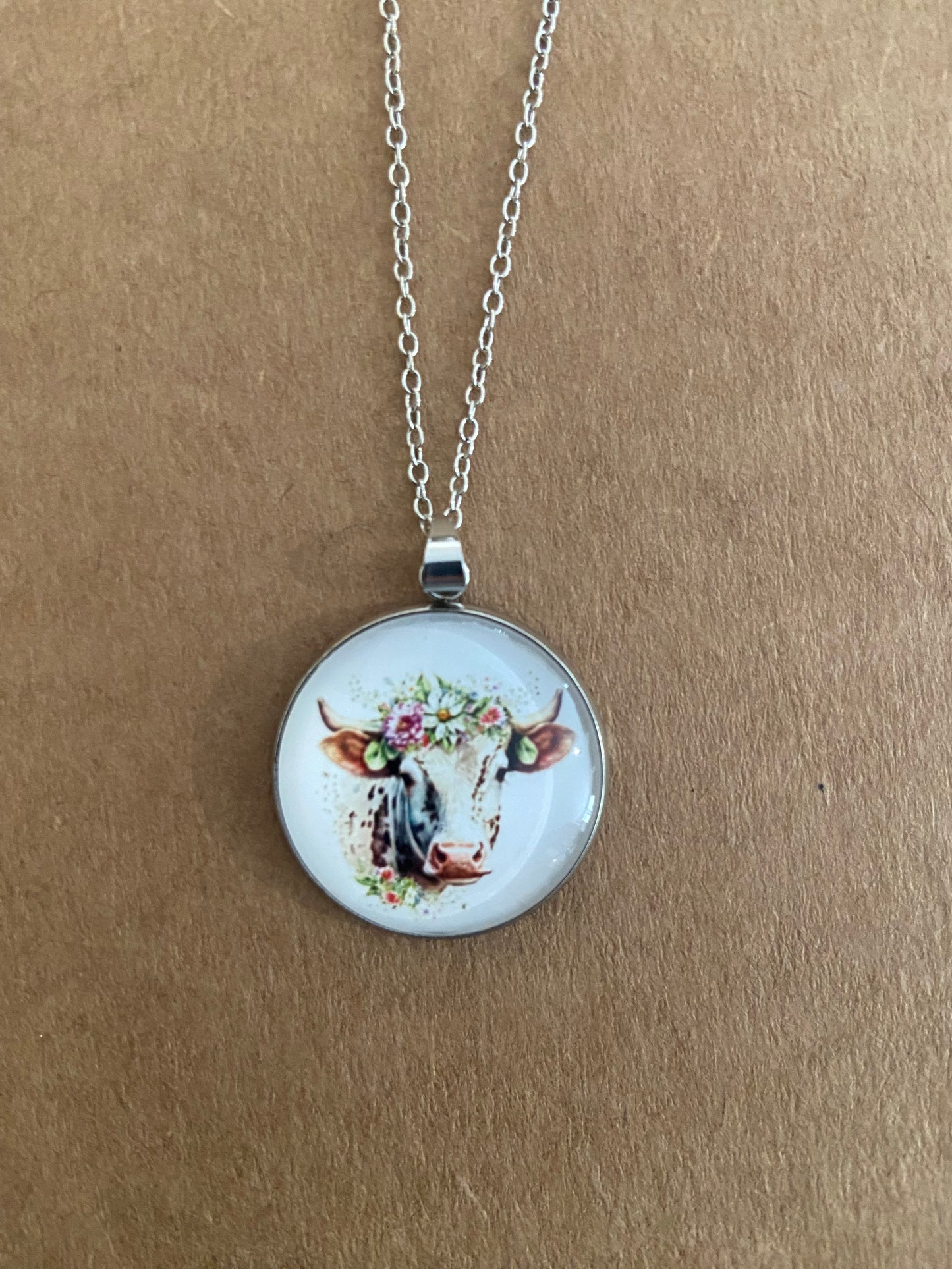 Floral Cow Silver earring & necklace set (60cm chain)