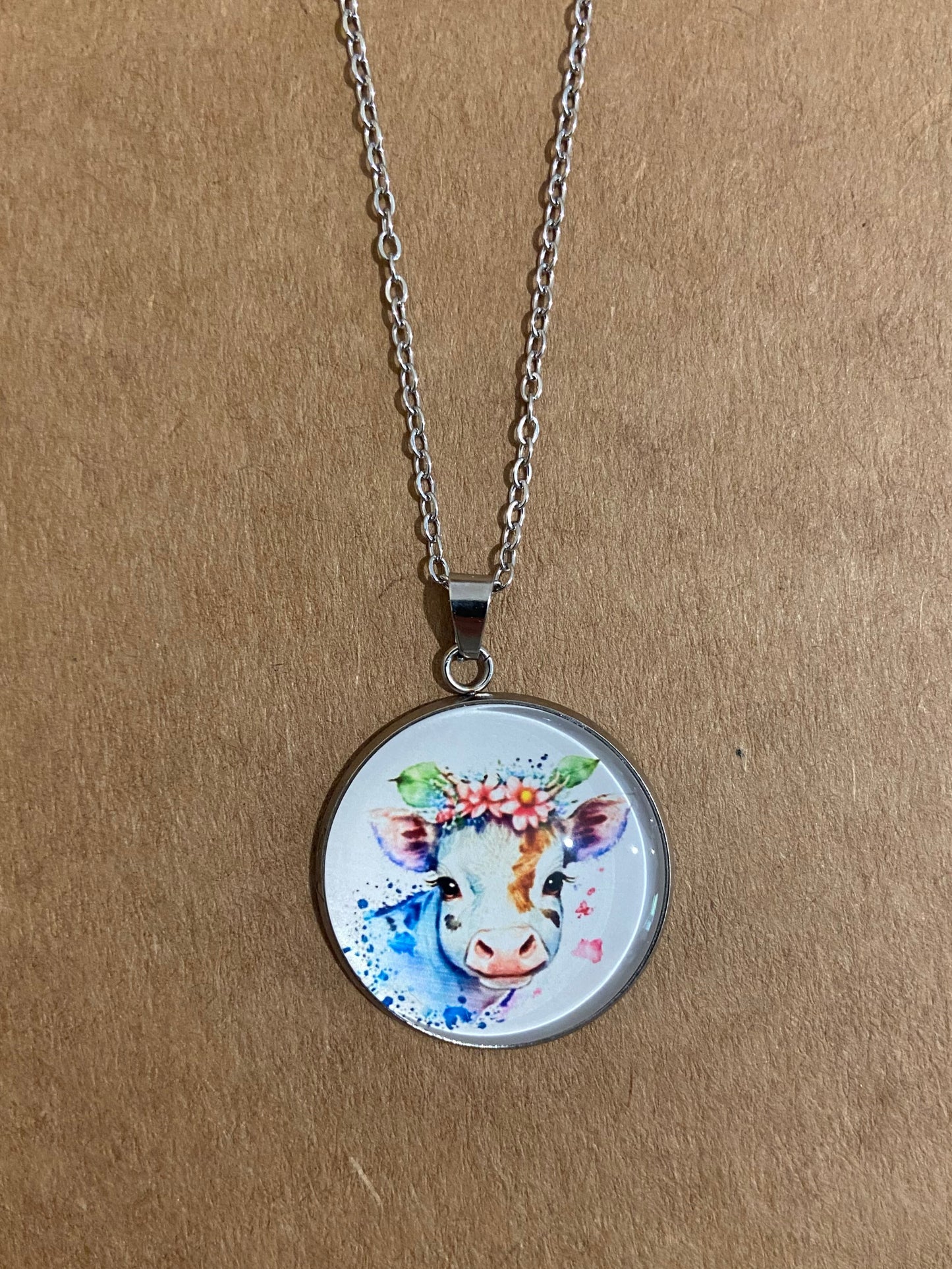 Floral Cow Silver earring & necklace set (60cm chain)