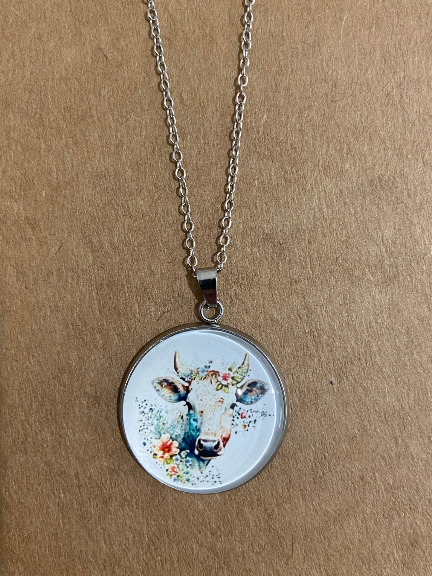 Floral Cow Silver earring & necklace set (60cm chain)
