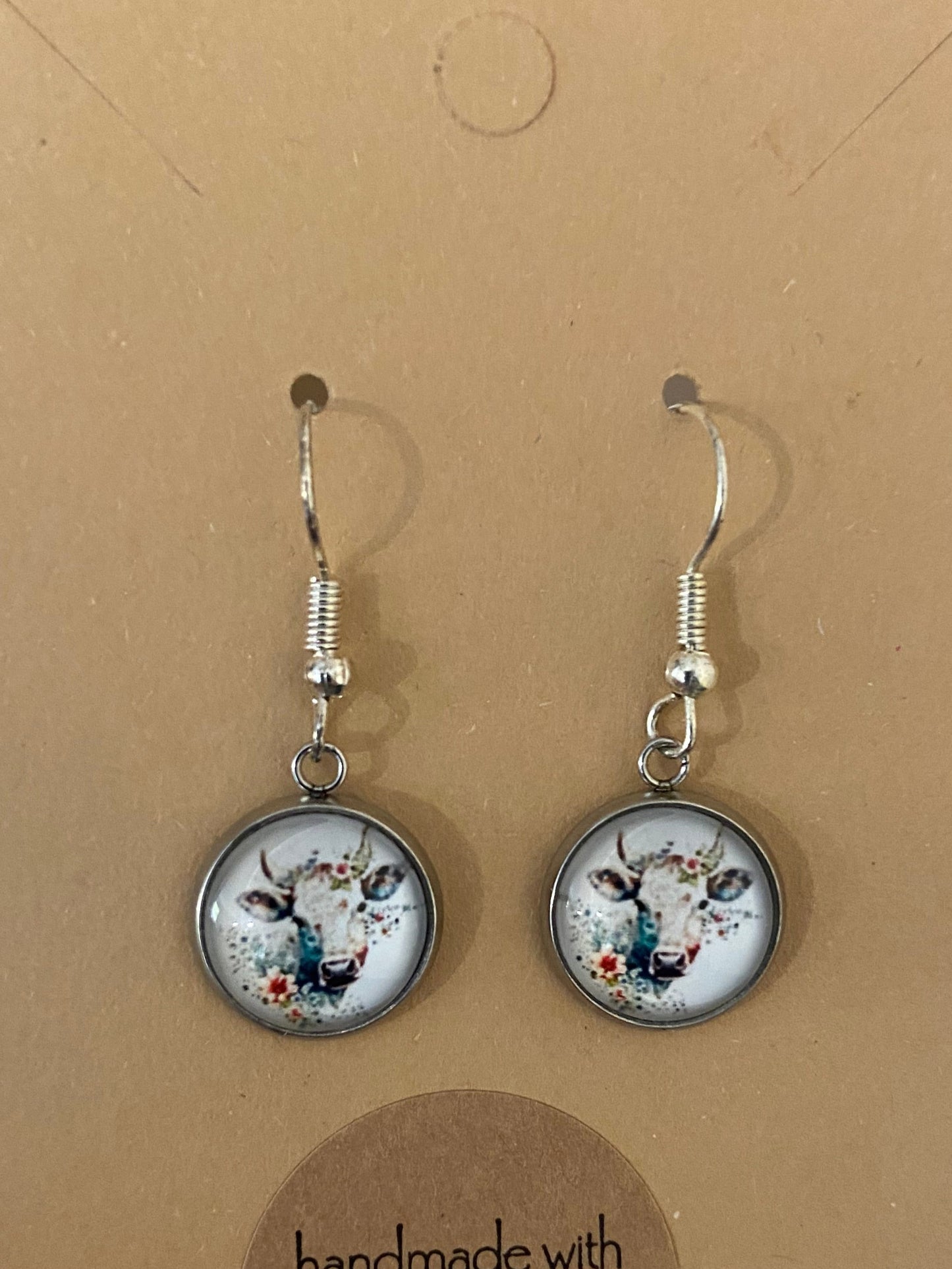 Floral Cow Silver earring & necklace set (60cm chain)