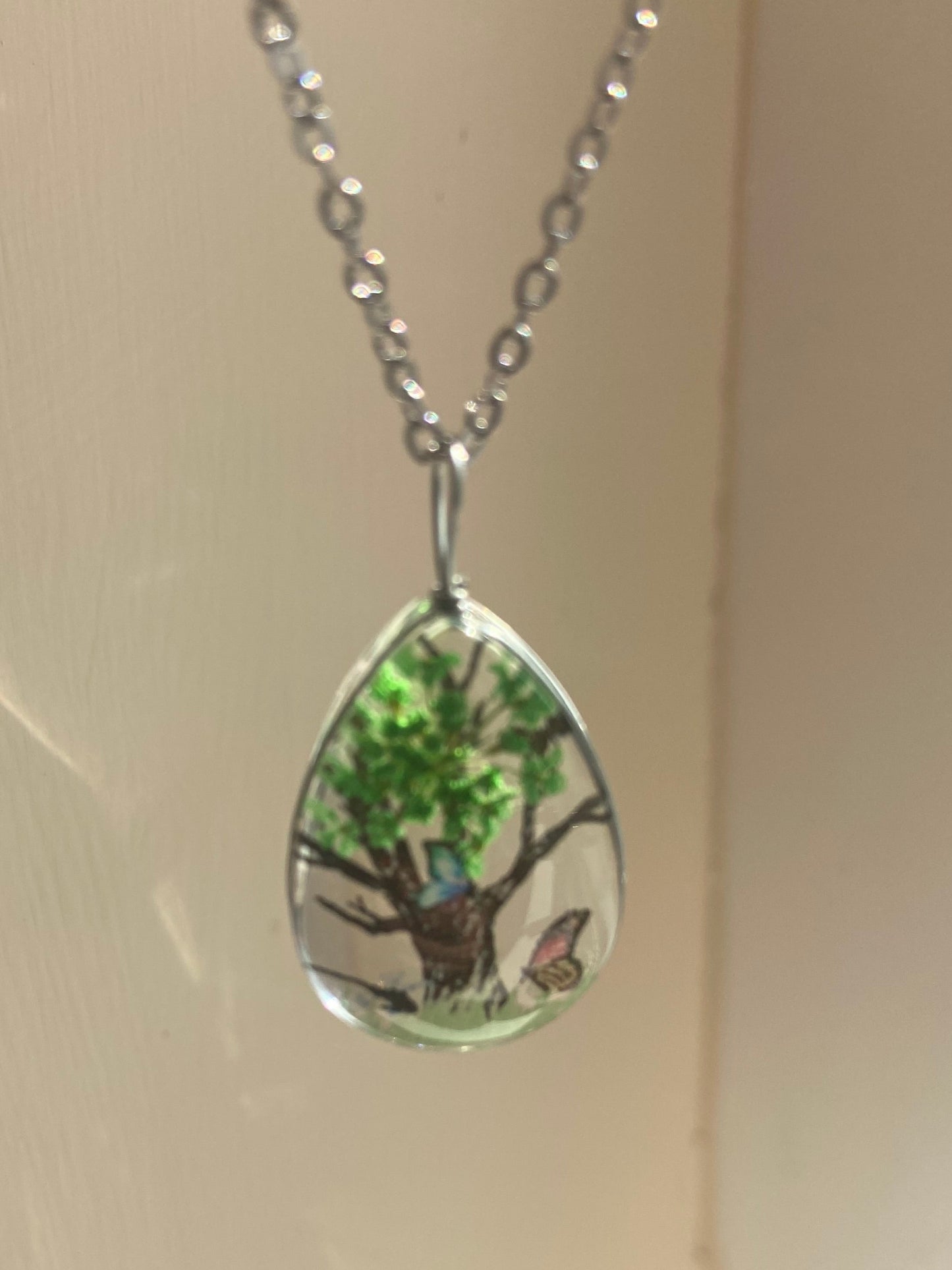 Star Dried Flower Transparent Glass Silver 2.5x1.75cm Teardrop Pendant (45cm chain) 6 Variations