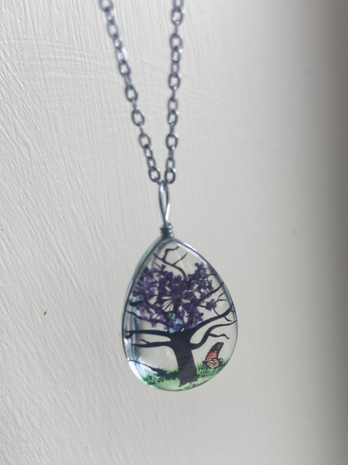 Star Dried Flower Transparent Glass Silver 2.5x1.75cm Teardrop Pendant (45cm chain) 6 Variations