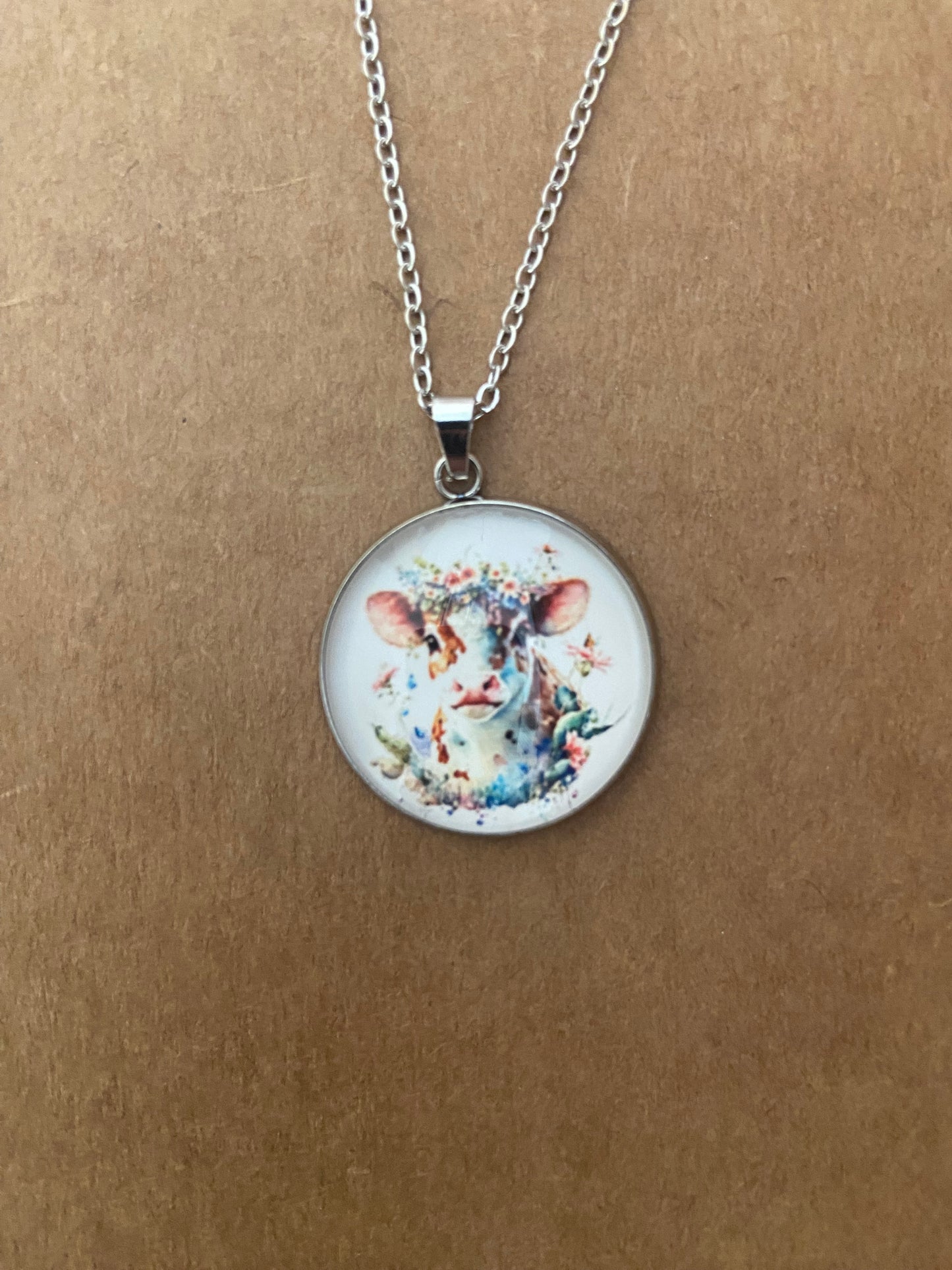 Floral Cow Silver earring & necklace set (60cm chain)
