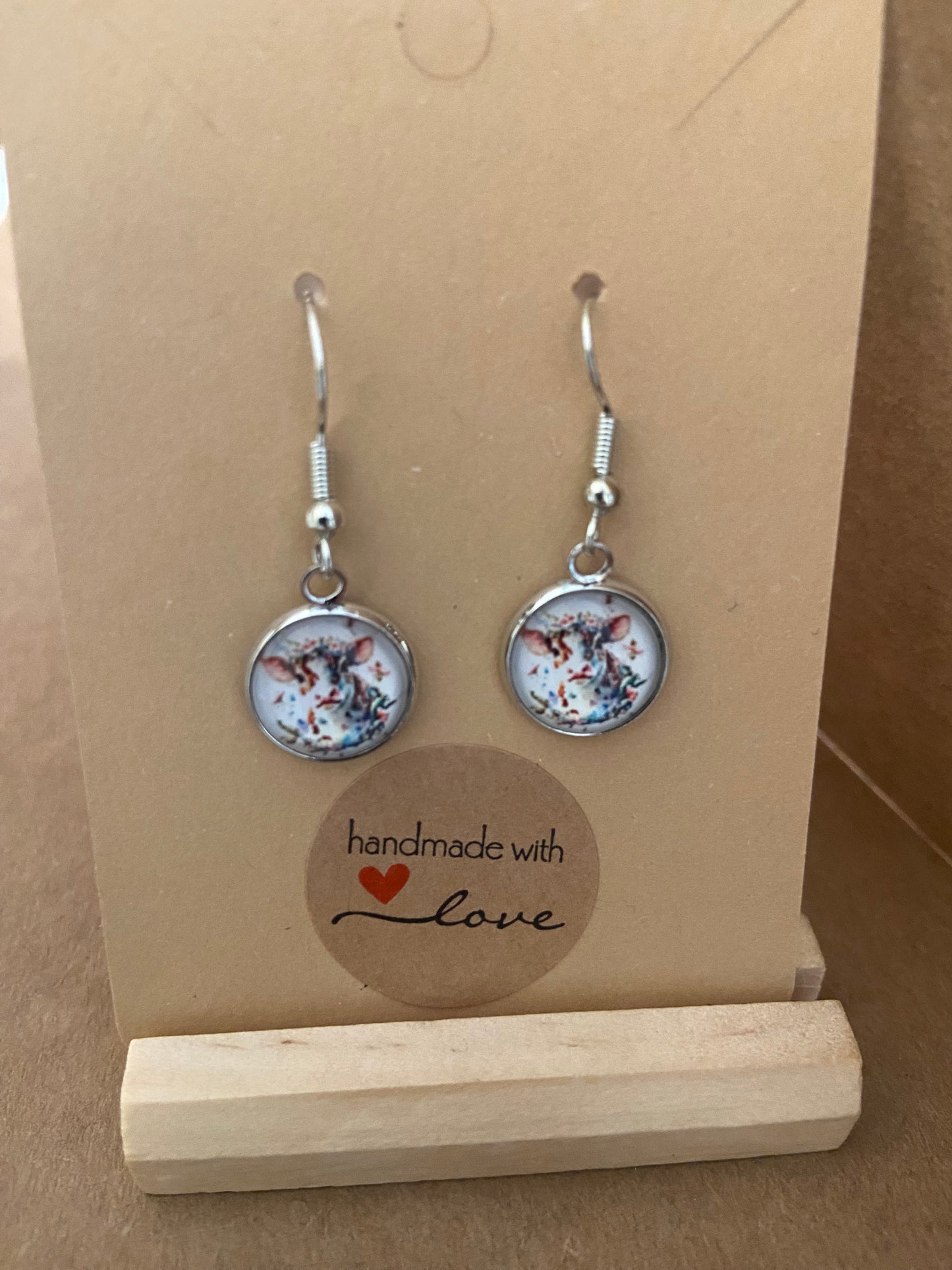 Floral Cow Silver earring & necklace set (60cm chain)