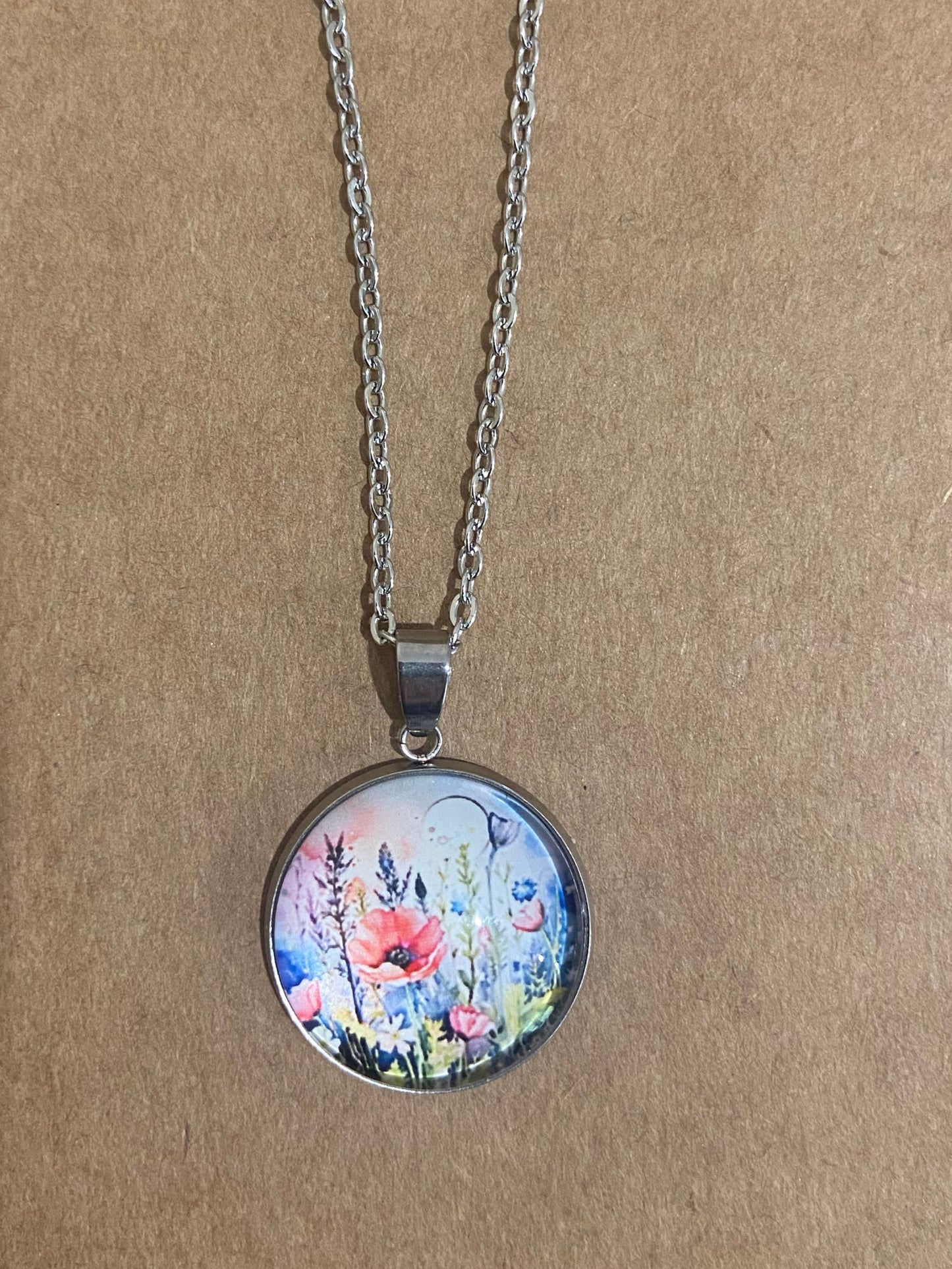 Poppy Wildflowers Silver earring & necklace set (45cm chain)
