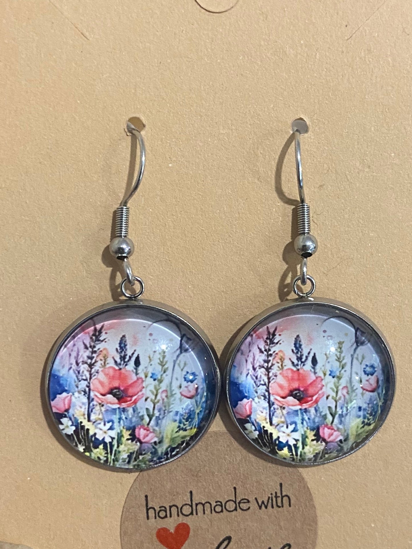 Poppy Wildflowers Silver earring & necklace set (45cm chain)
