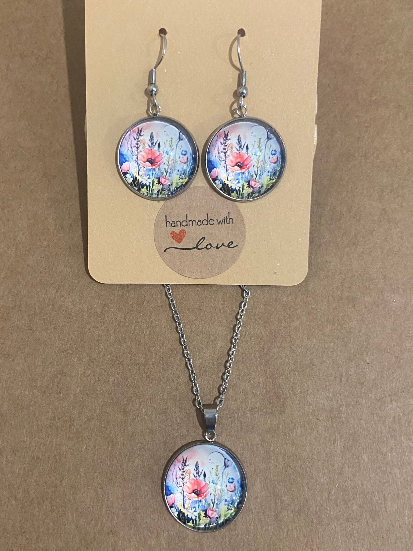 Poppy Wildflowers Silver earring & necklace set (45cm chain)