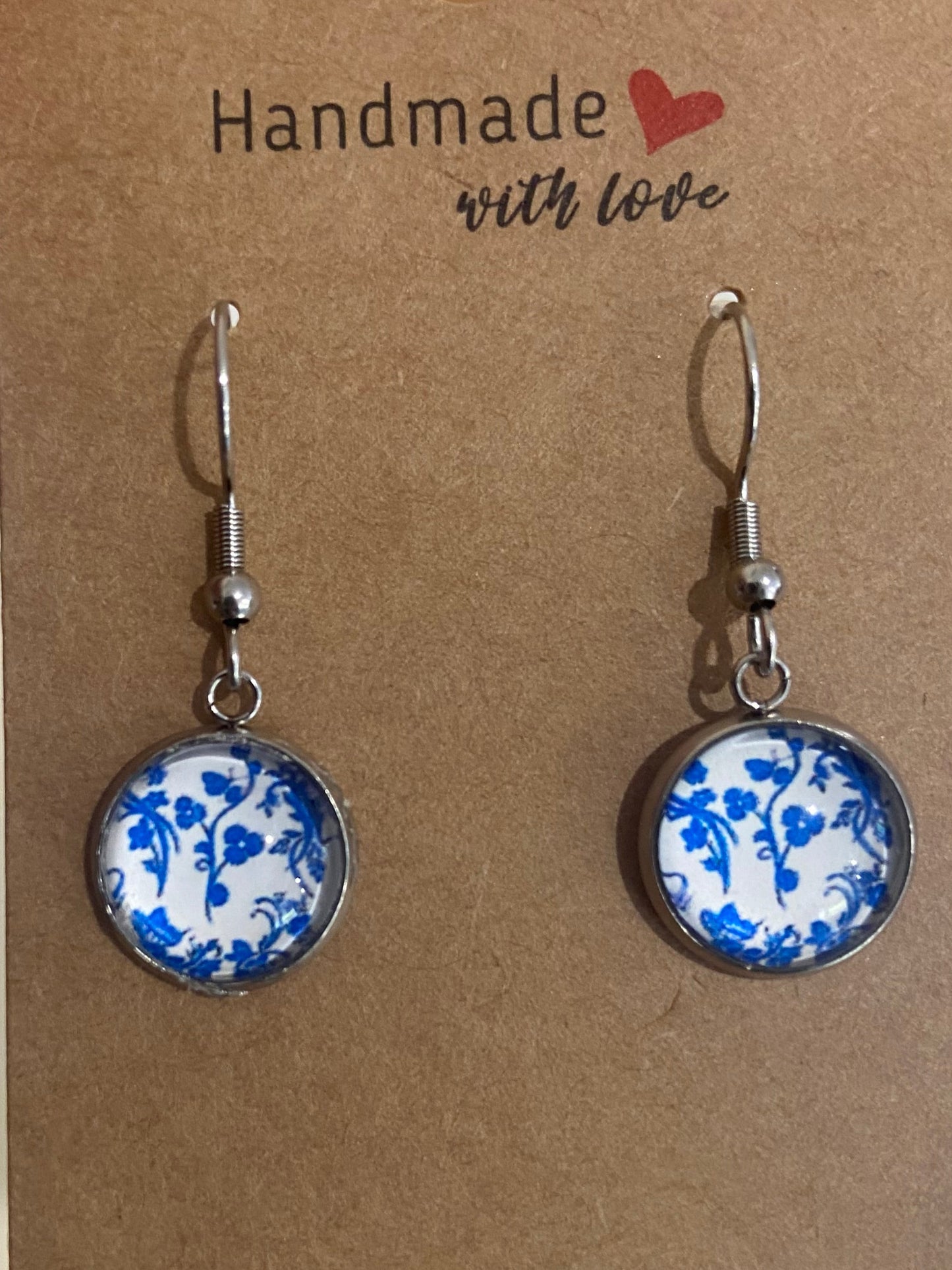 Blue/white Floral Silver earring & necklace set (45cm chain)