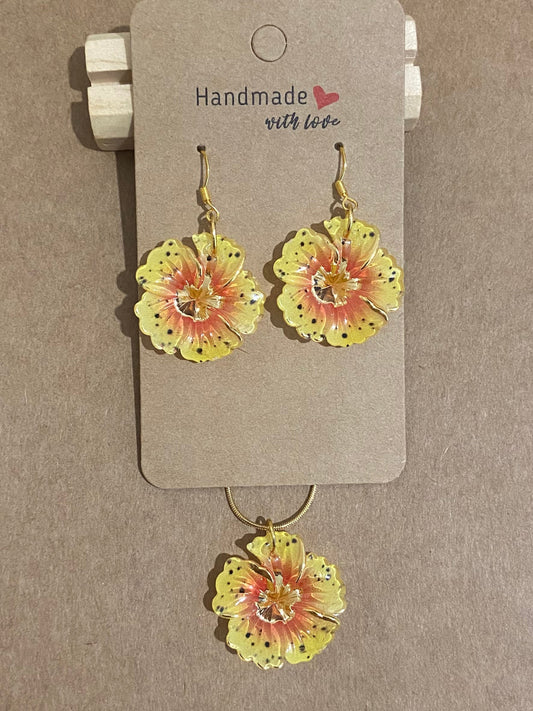 Yellow/Orange & Gold with Speckles Gold earring & necklace set (45cm chain)