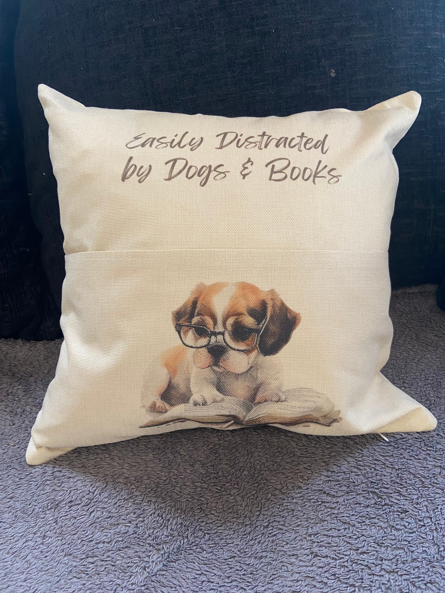 Cushion Cover with Pocket - 40x40cm - Easily Distracted by Dogs & Books
