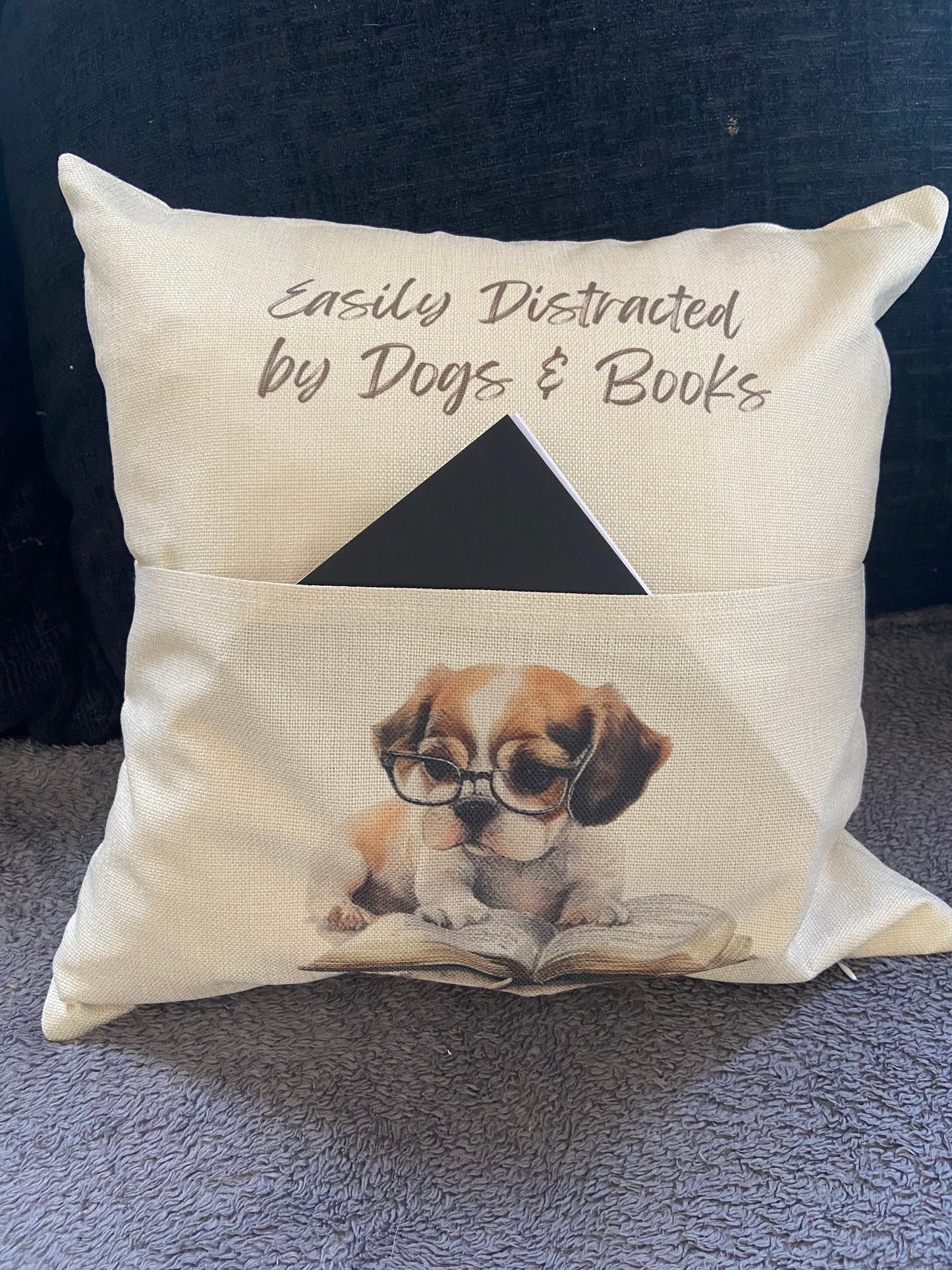 Cushion Cover with Pocket - 40x40cm - Easily Distracted by Dogs & Books