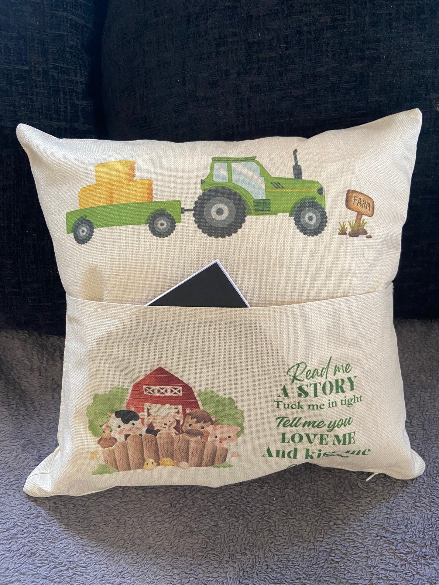 Cushion Cover with Pocket - 40x40cm - Read me a story, Tuck me in tight...Farming