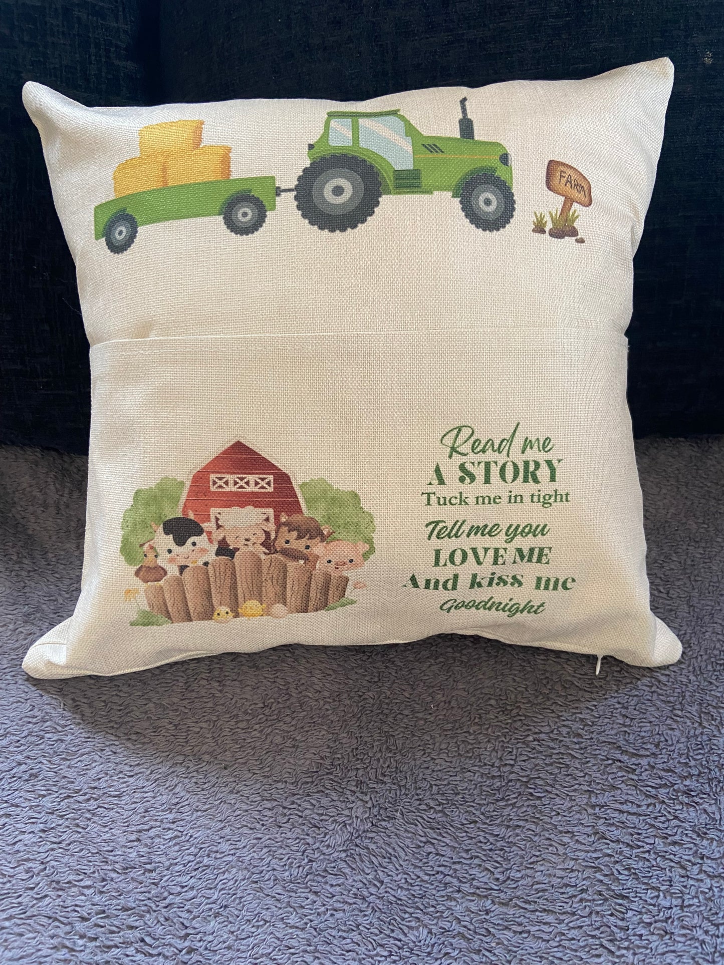 Cushion Cover with Pocket - 40x40cm - Read me a story, Tuck me in tight...Farming