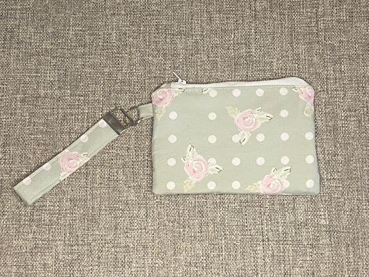 Wristlet Keychain Zip Pouch - Spotted Pink Rose Pale Green