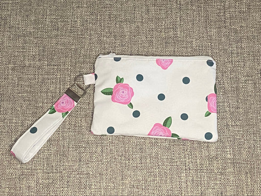 Wristlet Keychain Zip Pouch -Rose Black Spots