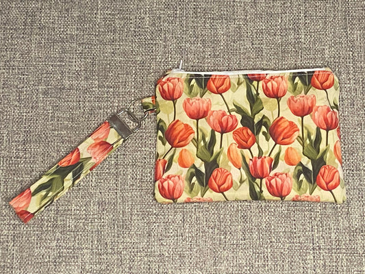 Wristlet Keychain Zip Pouch -Red Tulip Garden