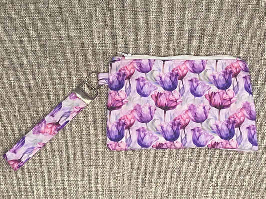 Wristlet Keychain Zip Pouch -Purple Tulip Garden