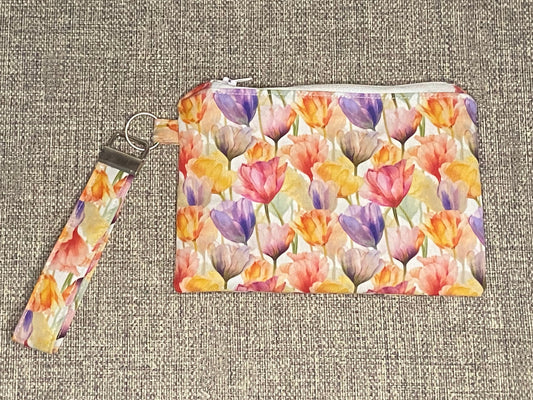 Wristlet Keychain Zip Pouch -Colourful Tulip Garden