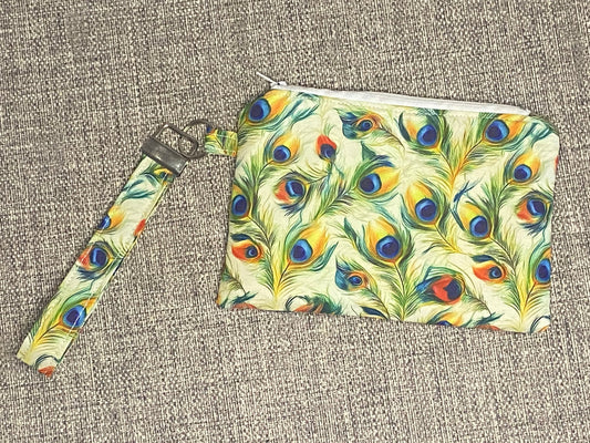 Wristlet Keychain Zip Pouch - Peacock Pattern (5 Colour Options)