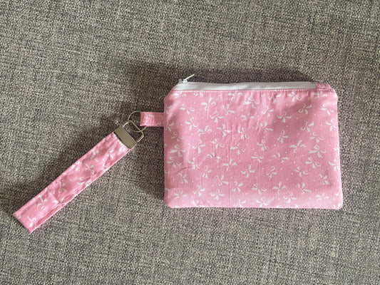 Wristlet Keychain Zip Pouch - Pink White Bows