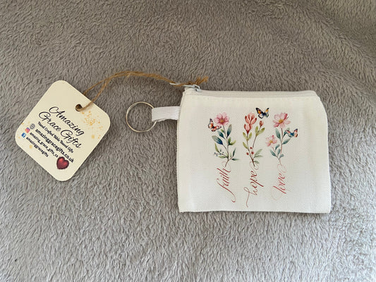 Canvas Keychain Coin Pouch - Faith, Hope, Love