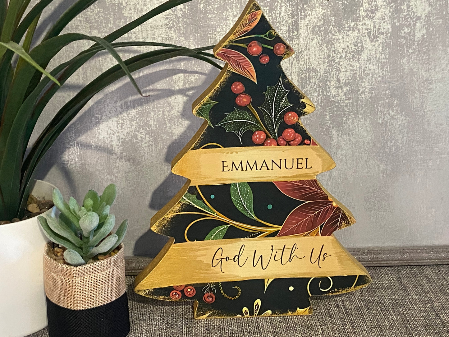 Christmas Tree Standalone Plaque 25cm high - Emmanuel 'God With Us'