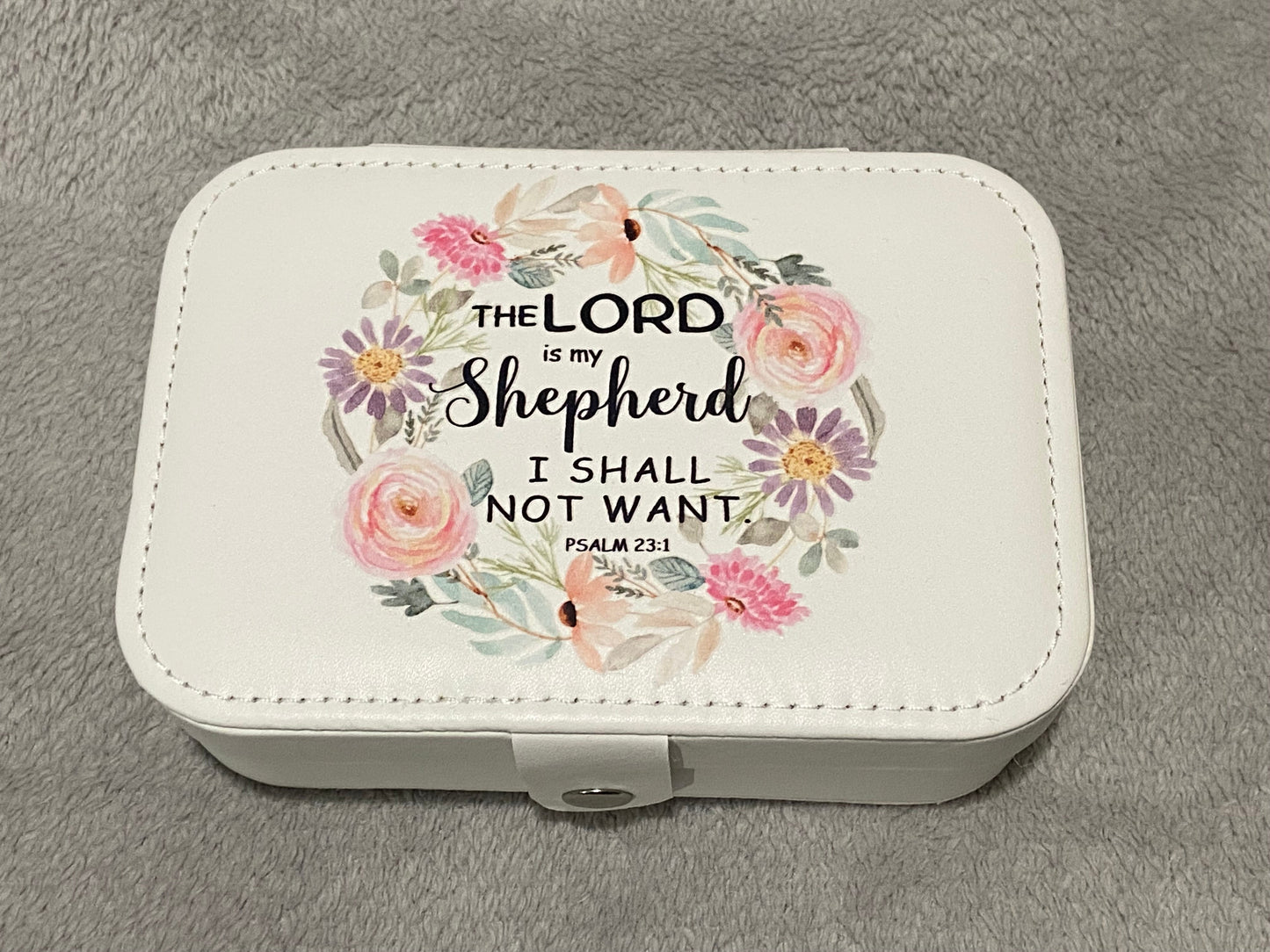 White Large Travel Jewellery Box -The Lord Is My Shepherd Psalm 23:1