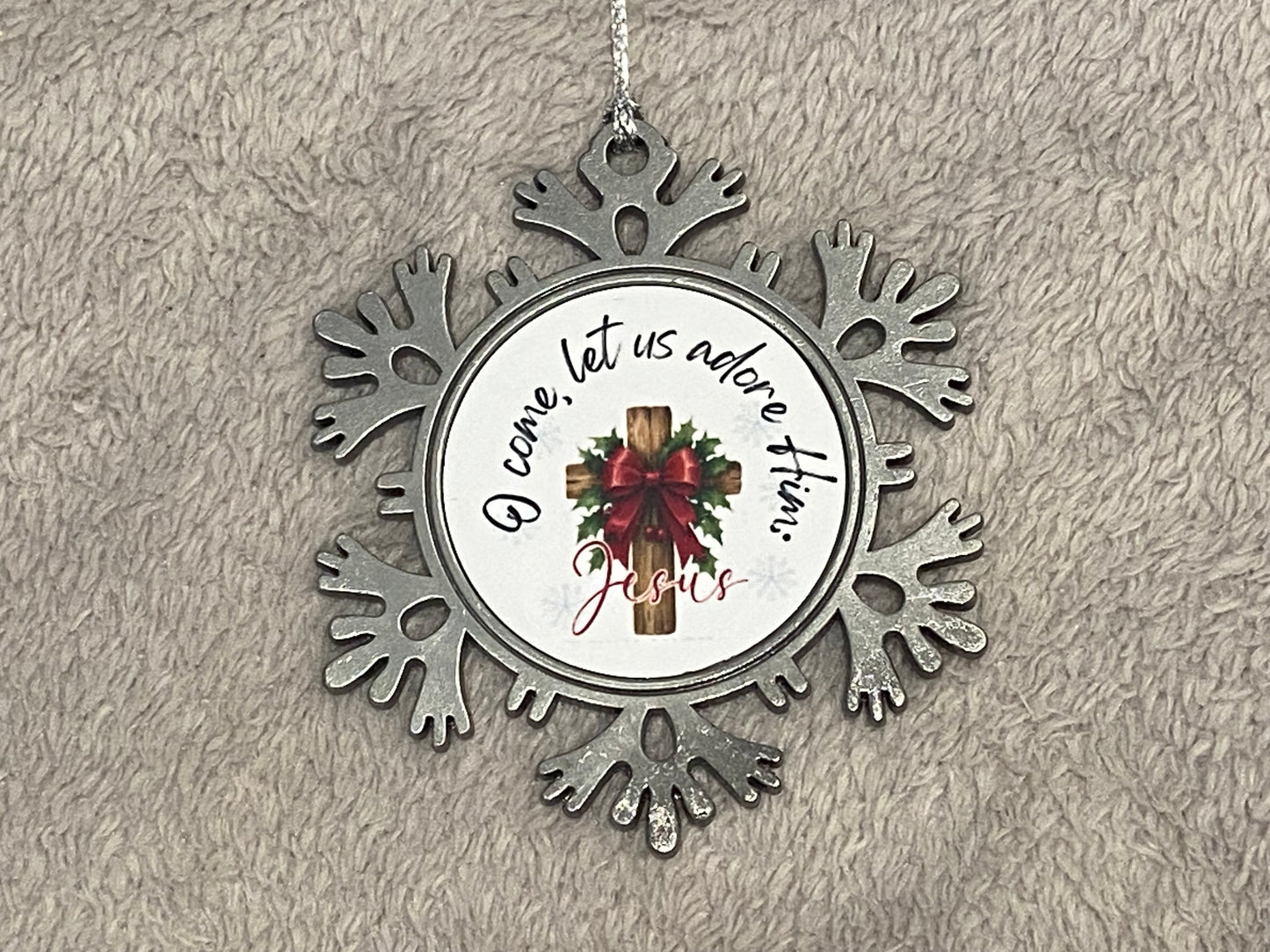 Metal Star Silver Hanging CHRISTmas decoration - O Come Let Us Adore Him - Jesus